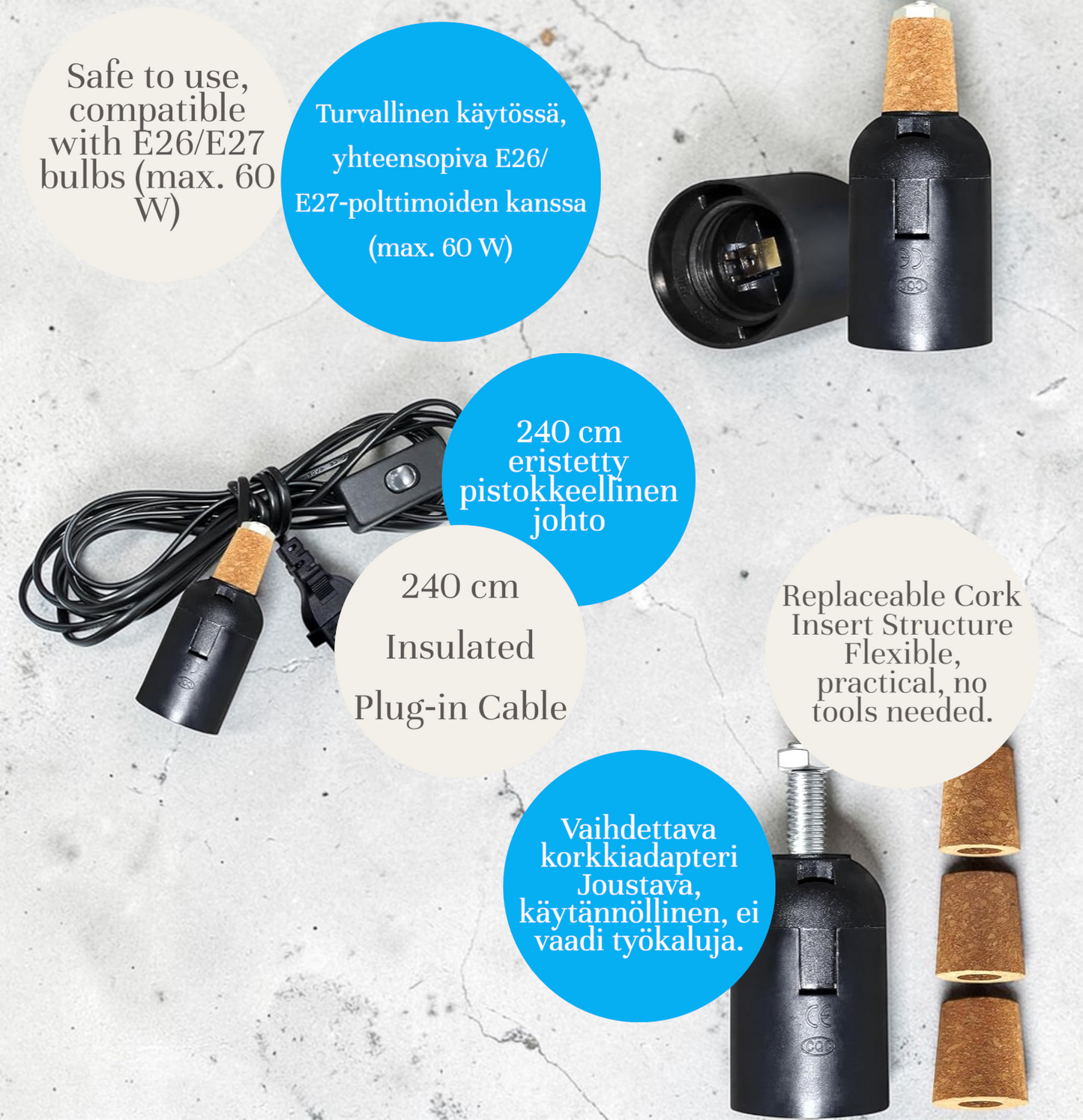 DIY‑pullolampun adapteri – E27‑kanta, 3 korkkia, 60W
