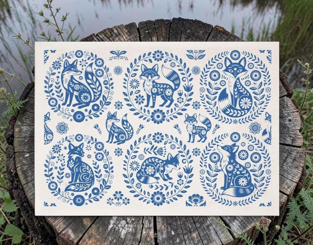 Blue Folk Art Fox Underglaze Transfer Sheet