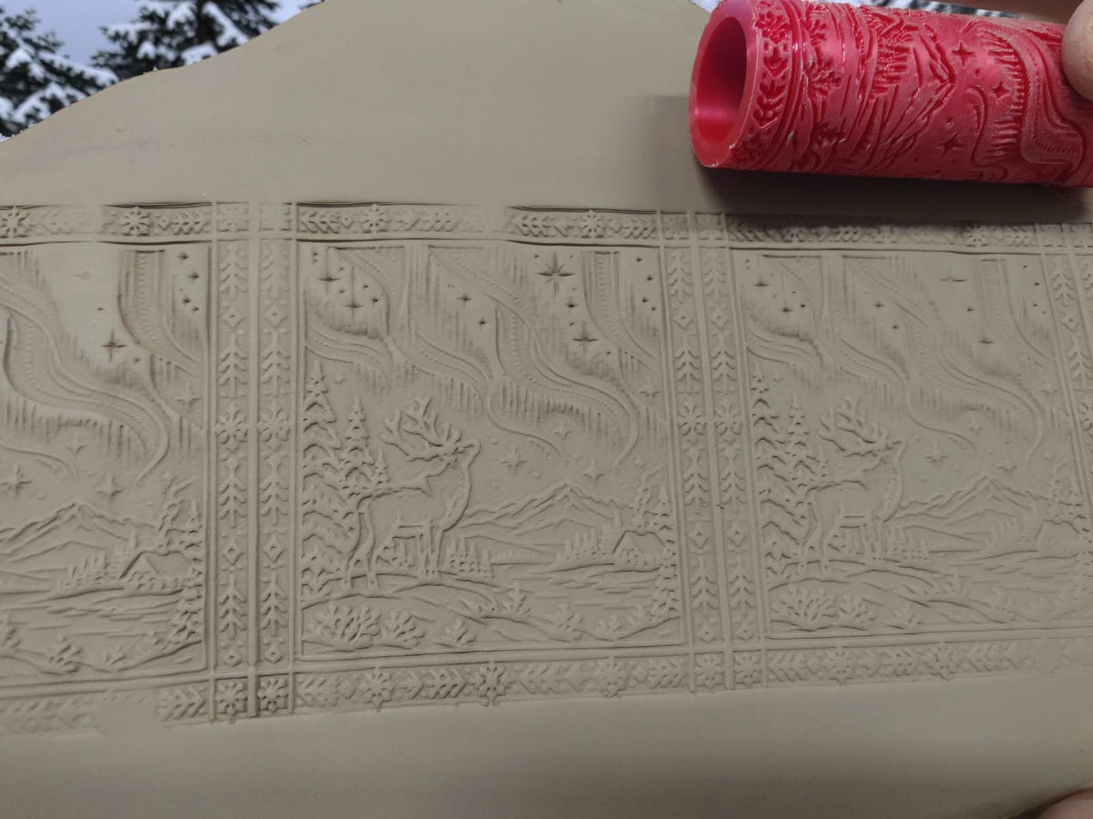 Winter Wonderland Pattern Roller – Nordic Reindeer & Aurora Texture Roller for Clay