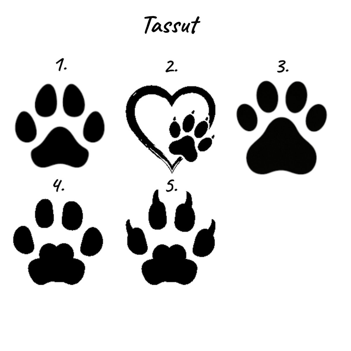 Paw print design options, numbered 1 to 5, to choose from for engraving