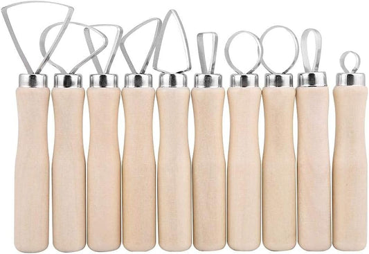 A 10‑piece ceramic sculpting tool set with wooden handles