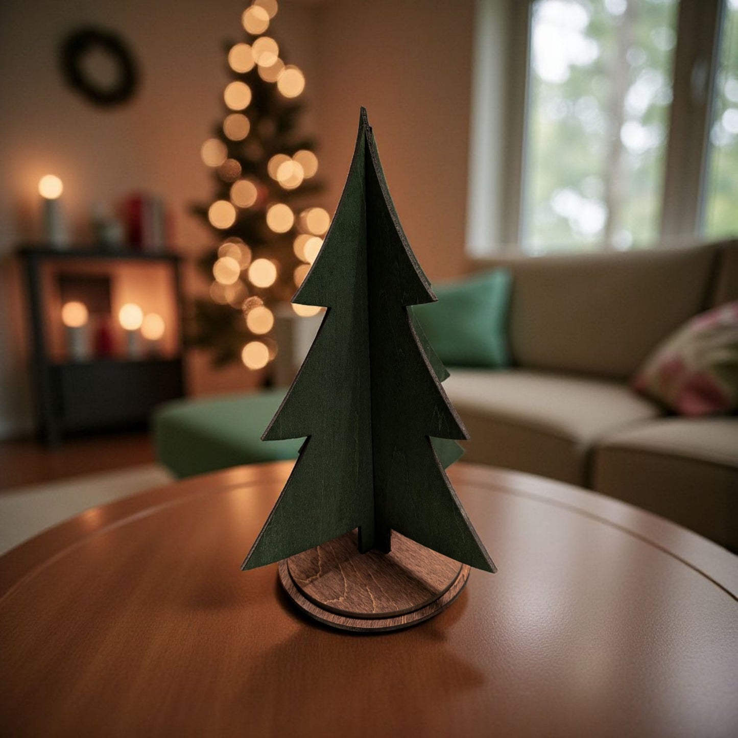 Vihreä koivuvanerista valmistettu pöytäkuusi