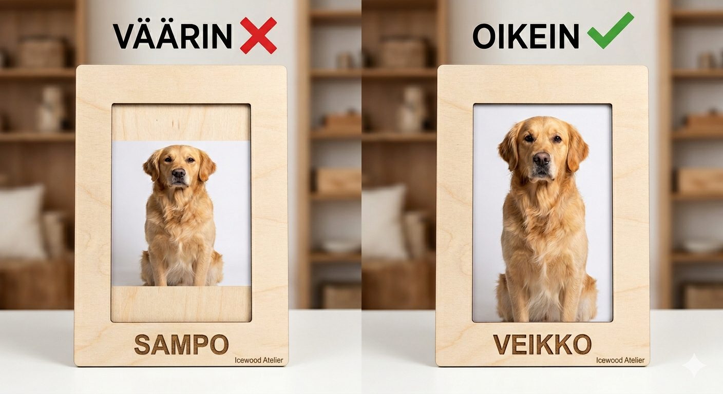 Persoonallinen puukehys omalla tekstillä ja valokuvilla