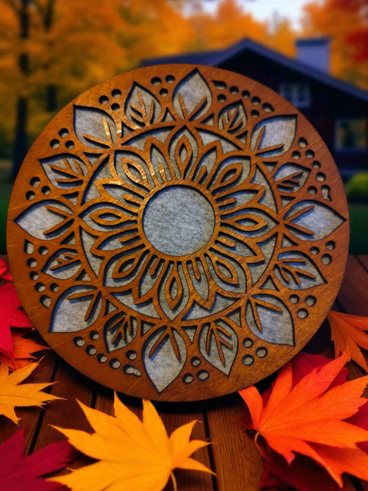 Mandala Trivet – 20 × 20 cm, Stained Birch with Grey Felt Base