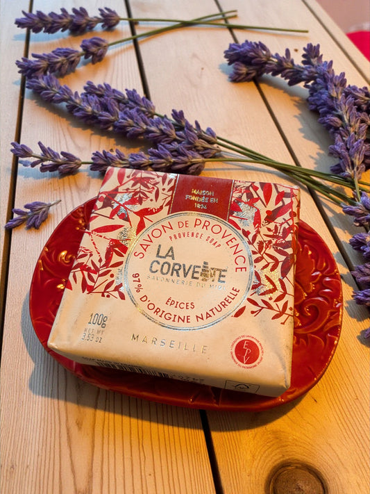 Handmade ornamental-pattern ceramic soap dish and authentic Marseille soap with spicy Christmas scent