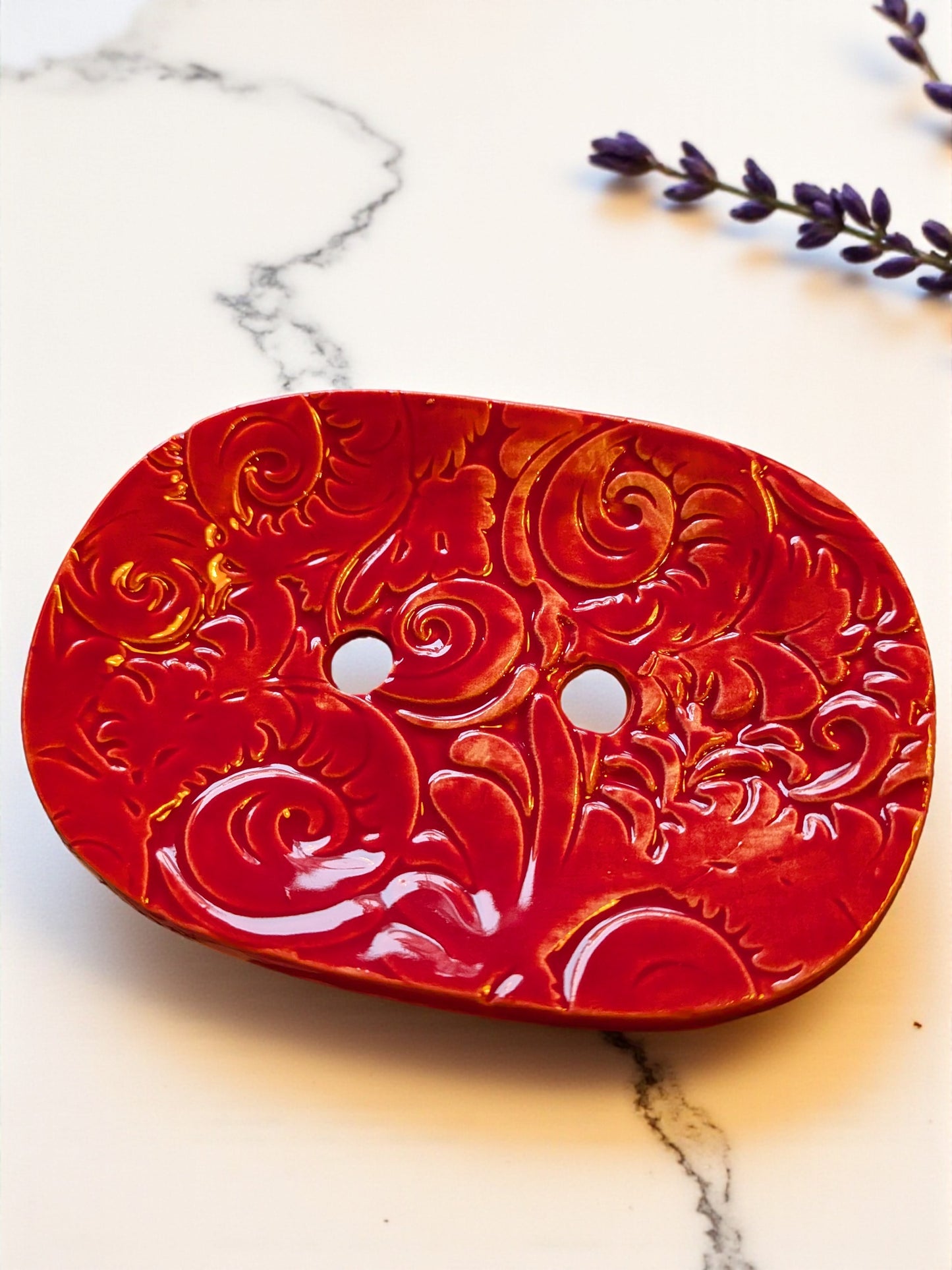 Handmade ornamental-pattern ceramic soap dish and authentic Marseille soap with spicy Christmas scent