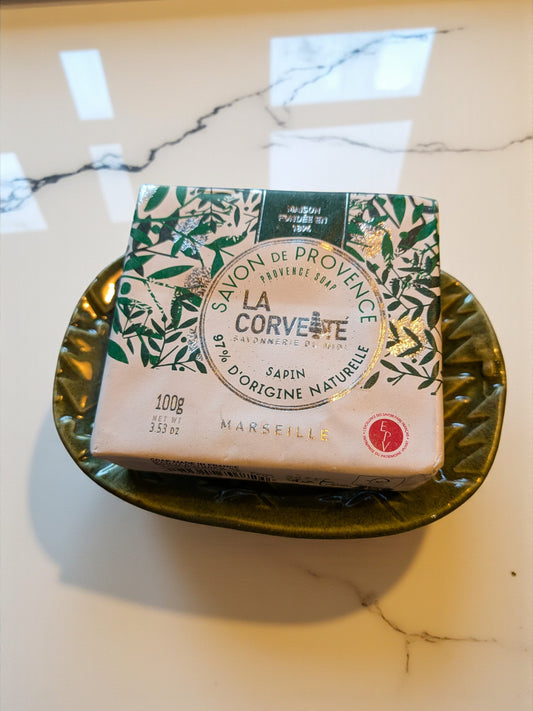 Handmade green pine-pattern ceramic soap dish and authentic Marseille soap with a fresh forest scent