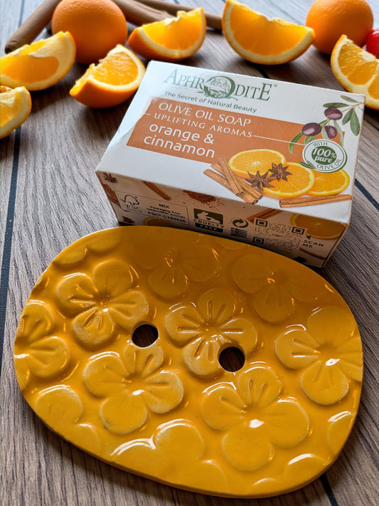 Handmade orange ceramic soap dish and 100% olive oil soap