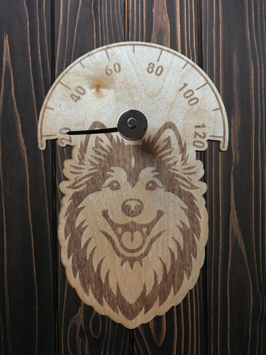 Wooden sauna thermometer with Finnish Lapphund silhouette
